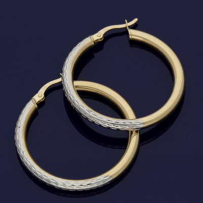 9ct White Gold & Yellow Gold 25mm Patterned Hoop Earrings