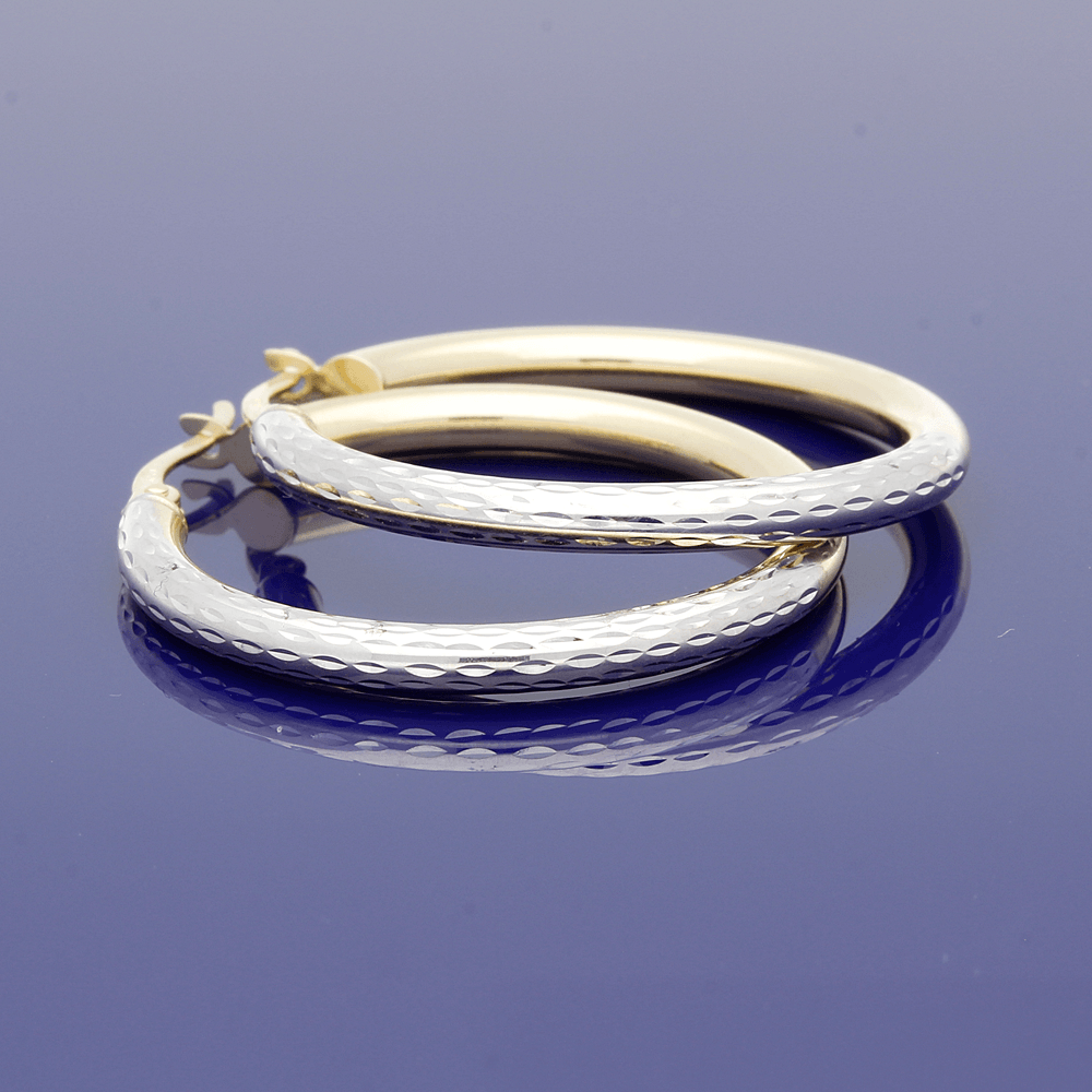 9ct White Gold & Yellow Gold 25mm Patterned Hoop Earrings