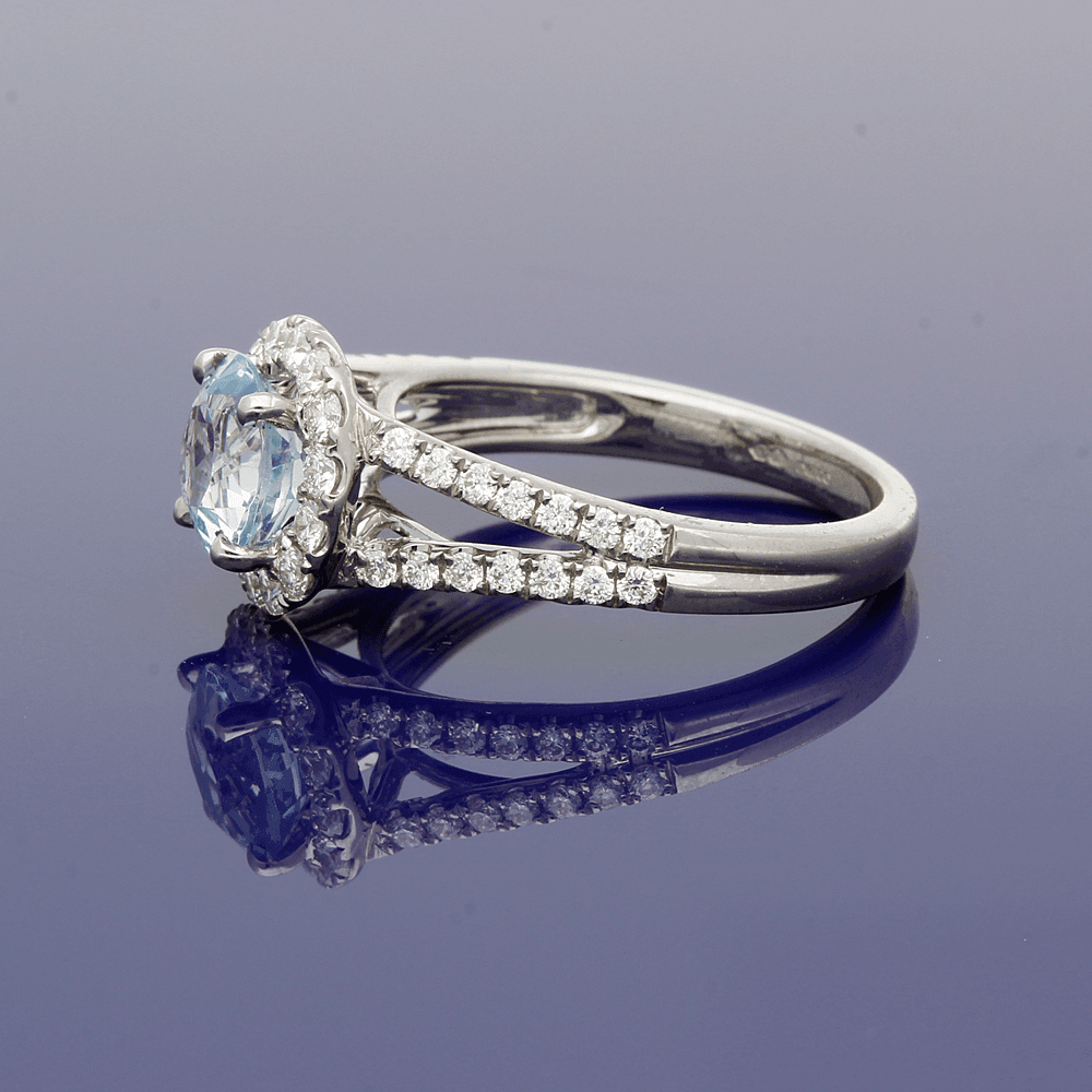 18ct White Gold Aquamarine & Diamond Halo Ring with Diamond Set Shoulders - GoldArts