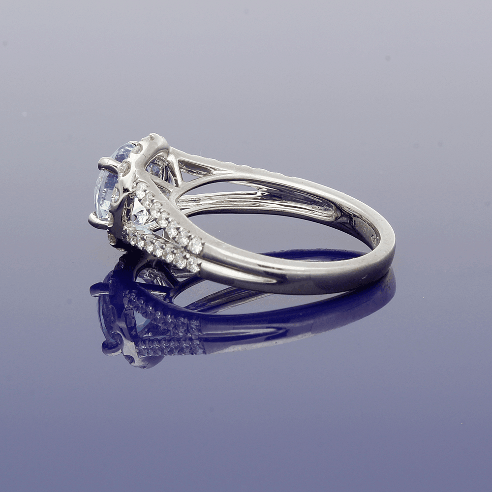 18ct White Gold Aquamarine & Diamond Halo Ring with Diamond Set Shoulders - GoldArts