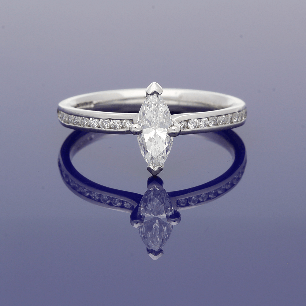 Platinum Certificated 0.54ct Marquise Cut Diamond Solitaire Ring with Diamond Set Shoulders