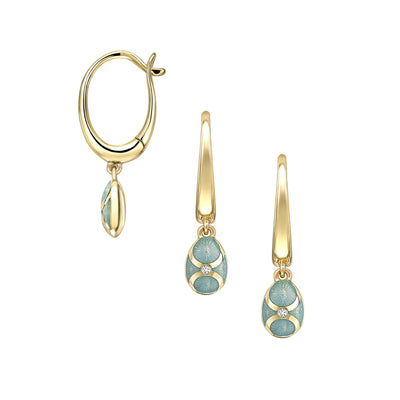 Fabergé Heritage Yellow Gold Diamond & Turquoise Guilloché Enamel Hoop Drop Earrings