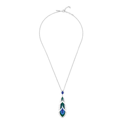 Lalique Paon Peacock Pendant - Blue Crystal, Green Lacquer & Silver 10737100