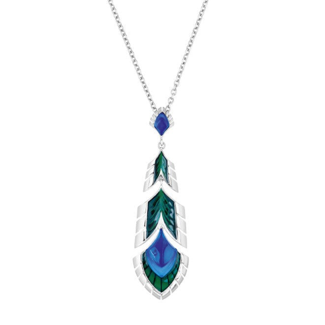 Lalique Paon Peacock Pendant - Blue Crystal, Green Lacquer & Silver 10737100