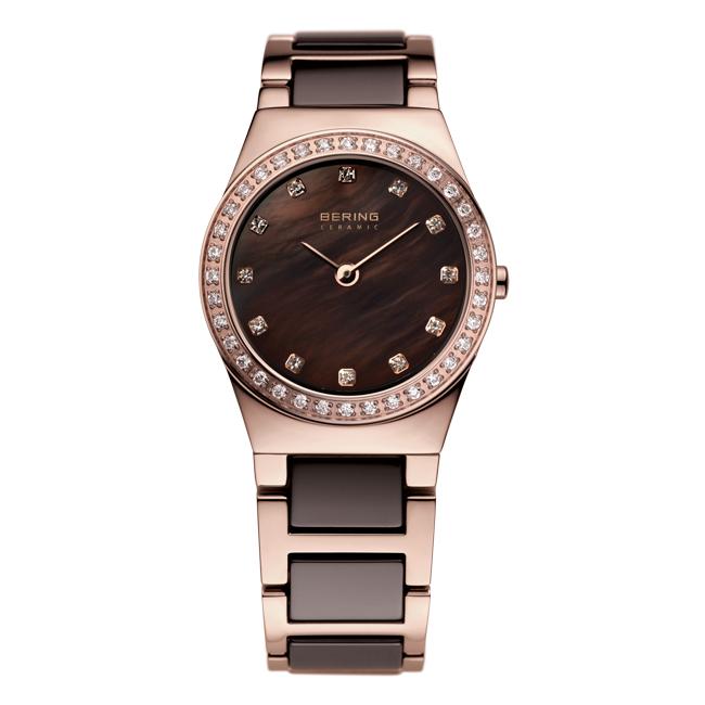 Ladies Bering 26mm 2 Tone Ceramic And Rose Pvd Stainless Steel Quartz Bracelet Watch, 32426-765