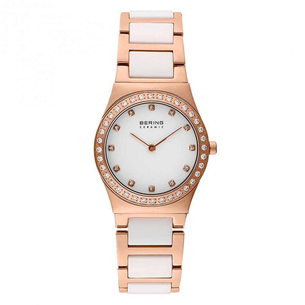 Ladies Bering 30mm 2 Tone Ceramic And Rose PVD Stainless Steel Quartz Bracelet Watch, 32430-761
