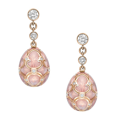 Fabergé Heritage Rose Gold Pink Guilloché Enamel Egg Drop Earrings