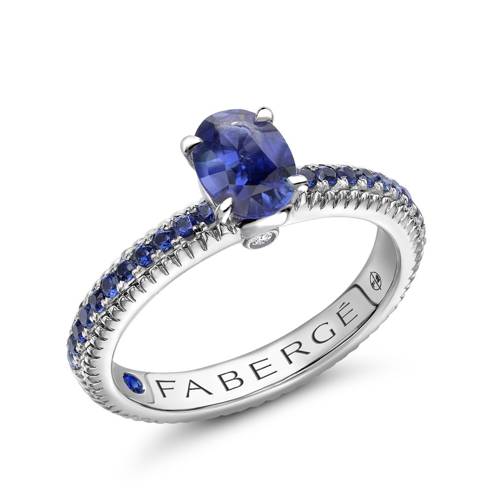 Fabergé Colours of Love White Gold Blue Sapphire Fluted Ring with Sapphire Shoulders