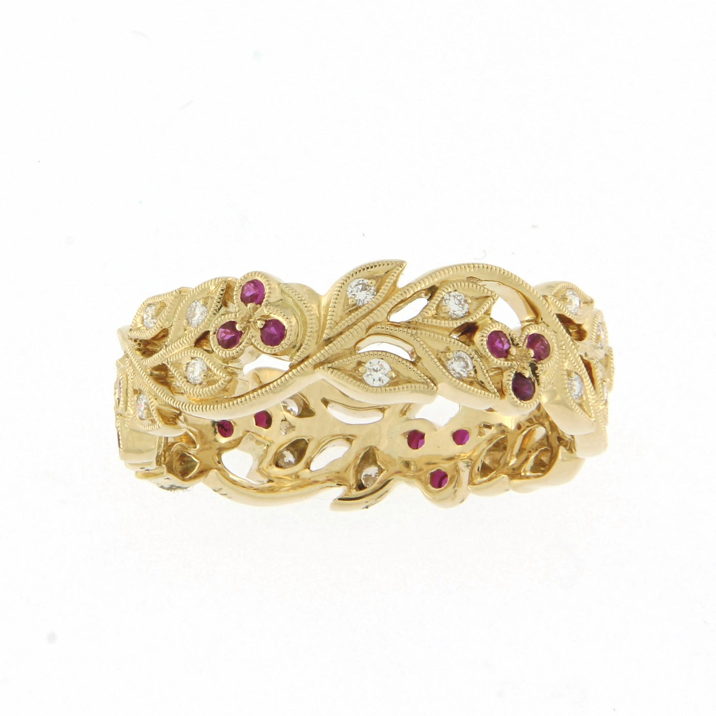 Ungar Cherry Blossom Ring 18ct Yellow Gold Diamond & Ruby Full Eternity Ring