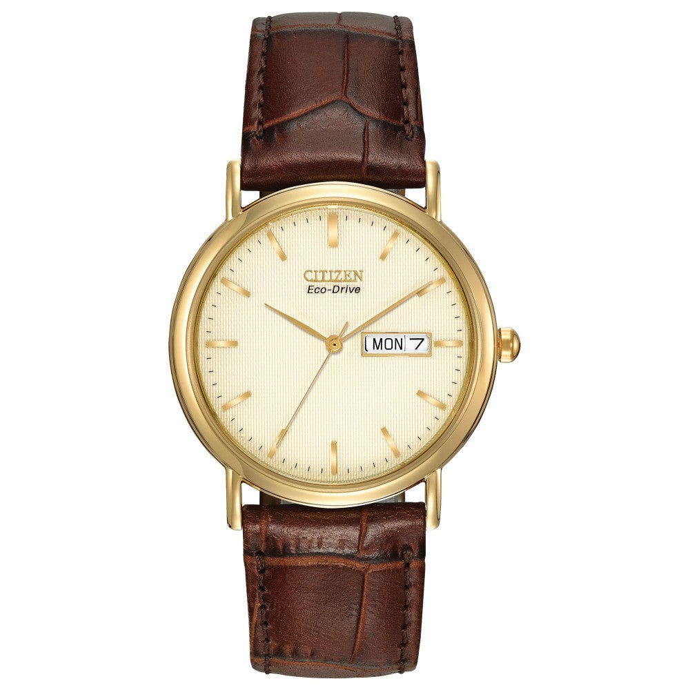 Gentlemen's Citizen Stiletto Eco-Drive Gold PVD Leather Strap Watch, BM8242-08P