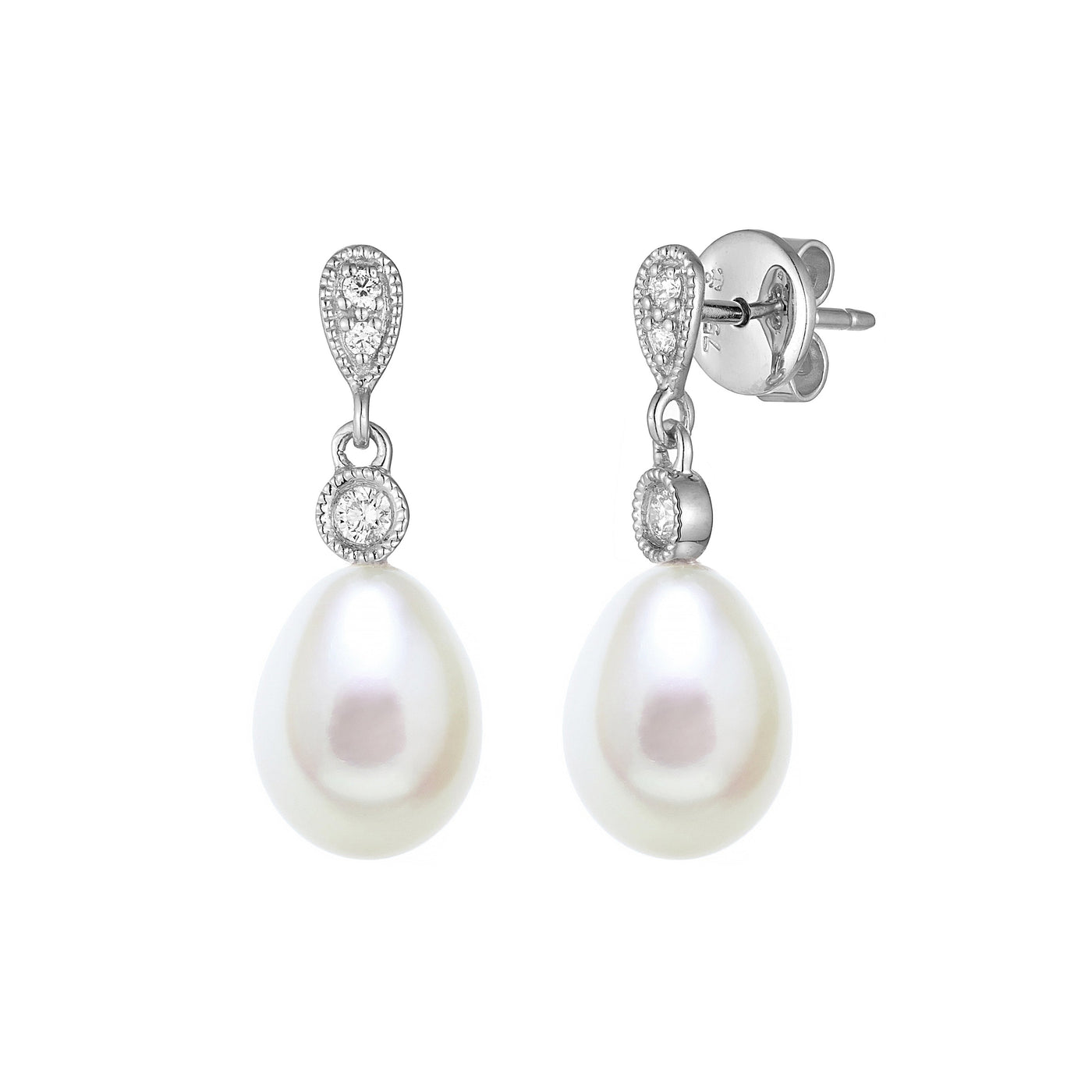 7.5-8mm White Freshwater Pearl & Diamond 18ct White Gold Drop Stud Earrings