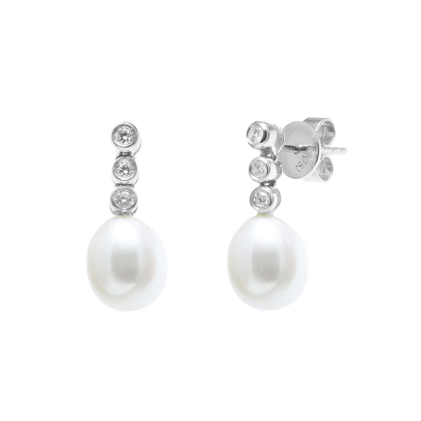 7.5-8mm White Freshwater Pearl & Diamond 18ct White Gold Drop Earrings