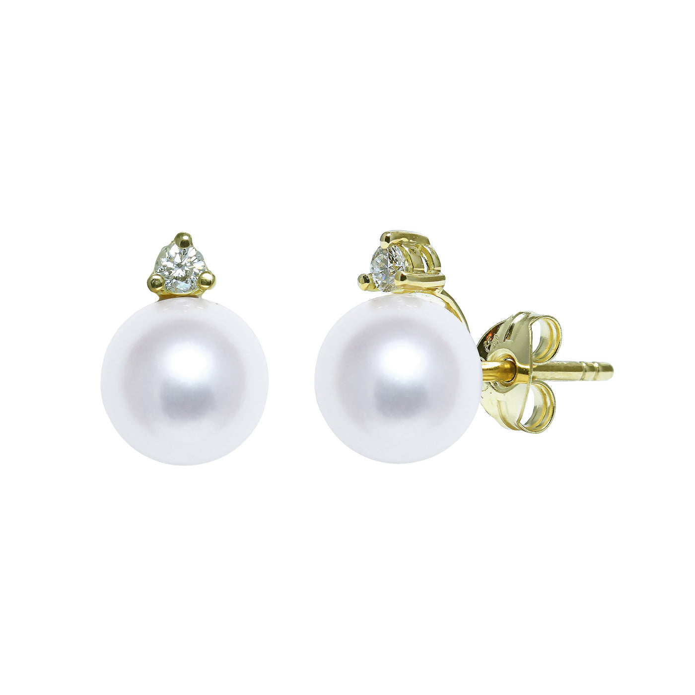 8-8.5mm White Freshwater Pearl & Diamond 18ct Yellow Gold Stud Earrings