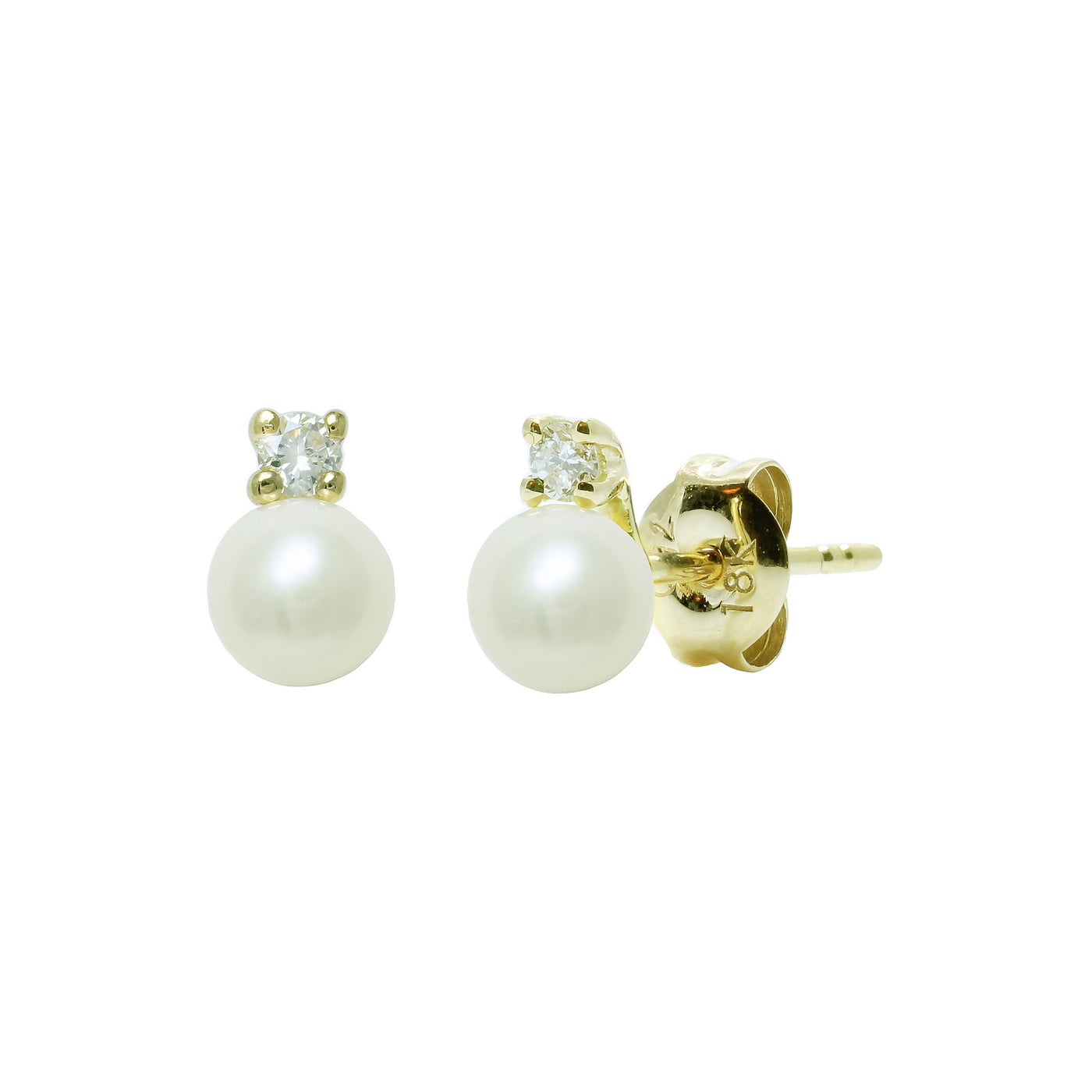 White Freshwater Pearl & Diamond 18ct Yellow Gold Stud Earrings
