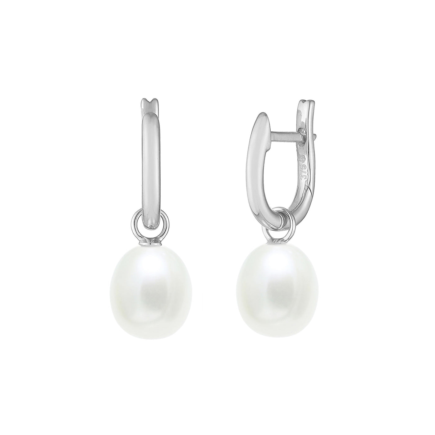 7.5-8mm White Freshwater Pearl 9ct White Gold Drop Huggie Earrings