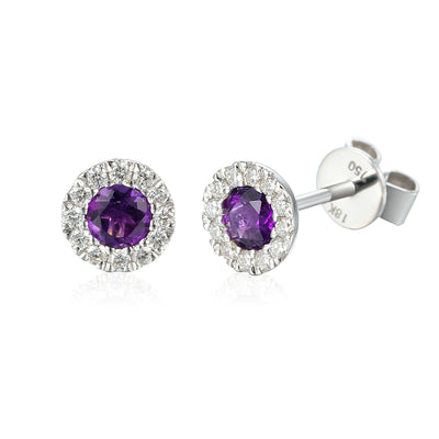 9ct White Gold Amethyst and Diamond Cluster Birthstone Stud Earrings