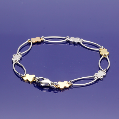 9ct Yellow, Rose & White Gold Butterfly & Oval Link Bracelet