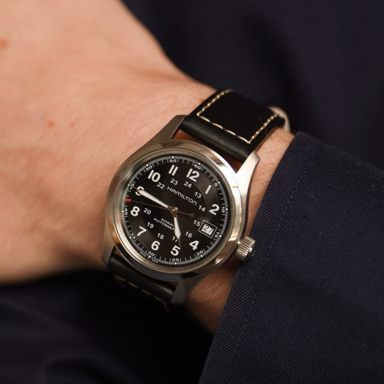 Hamilton khaki field mechanical leather strap best sale