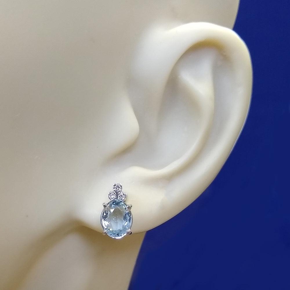 18ct White Gold Aquamarine and Diamond Drop Stud Earrings - GoldArts