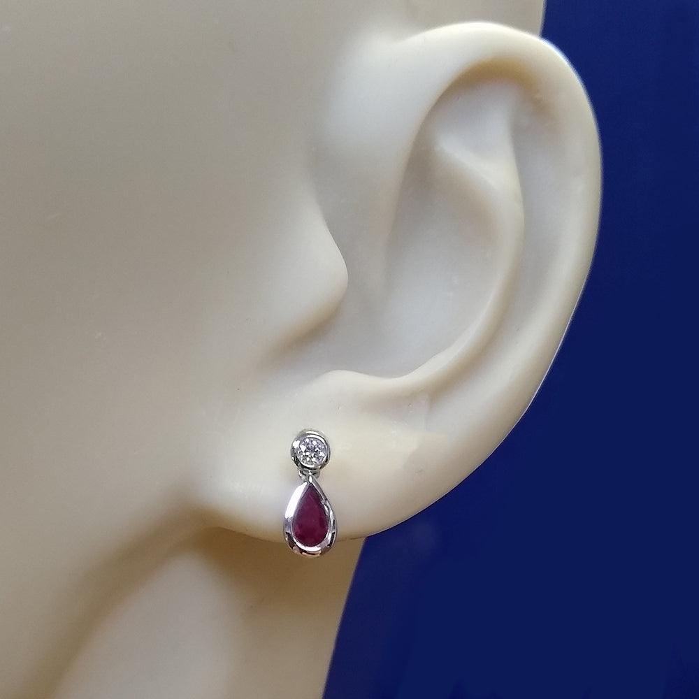 18ct White Gold Pear Shape Ruby and Diamond Drop Earrings - GoldArts