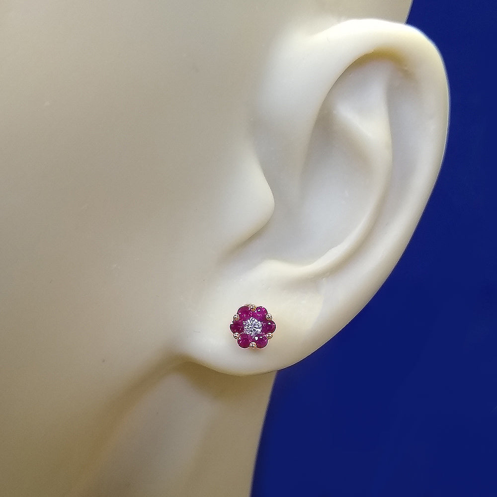 18ct Yellow Gold Ruby and Diamond Floral Cluster 6mm Stud Earrings