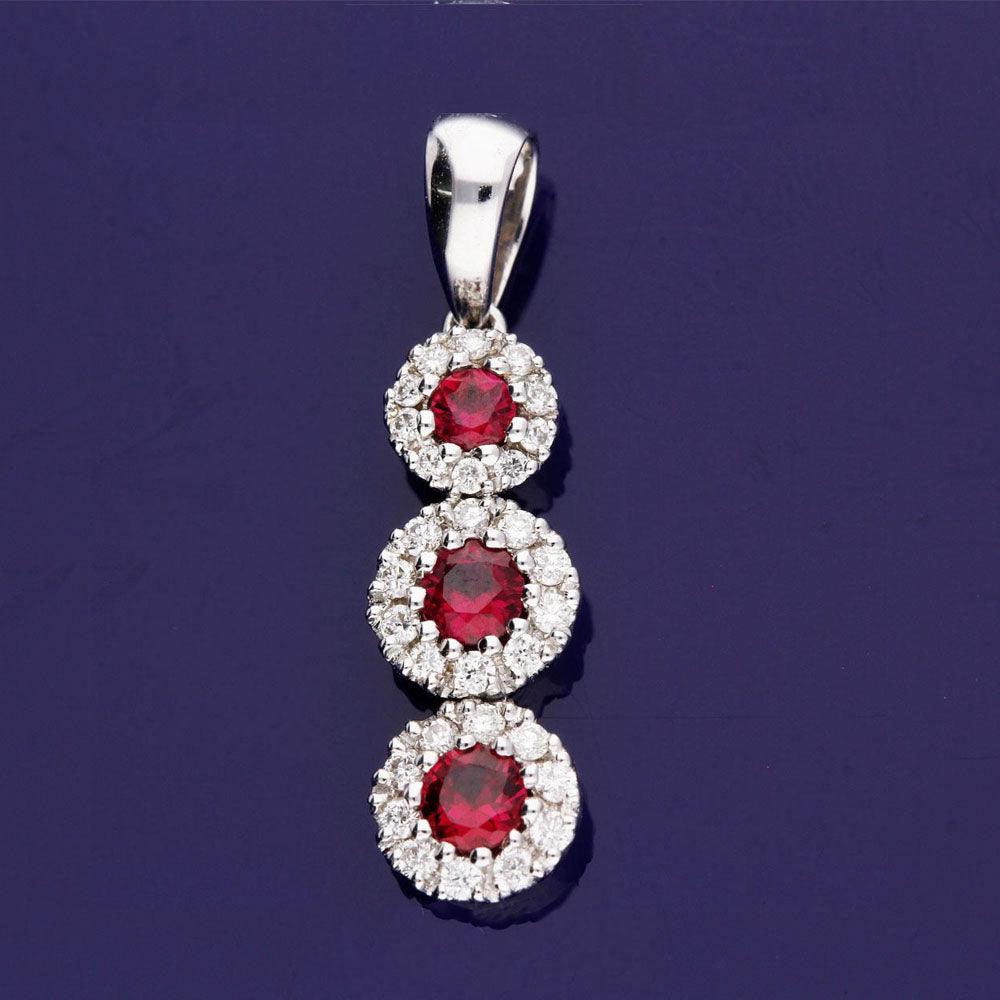18ct White Gold Ruby and Diamond Graduated Cluster Drop Pendant - GoldArts