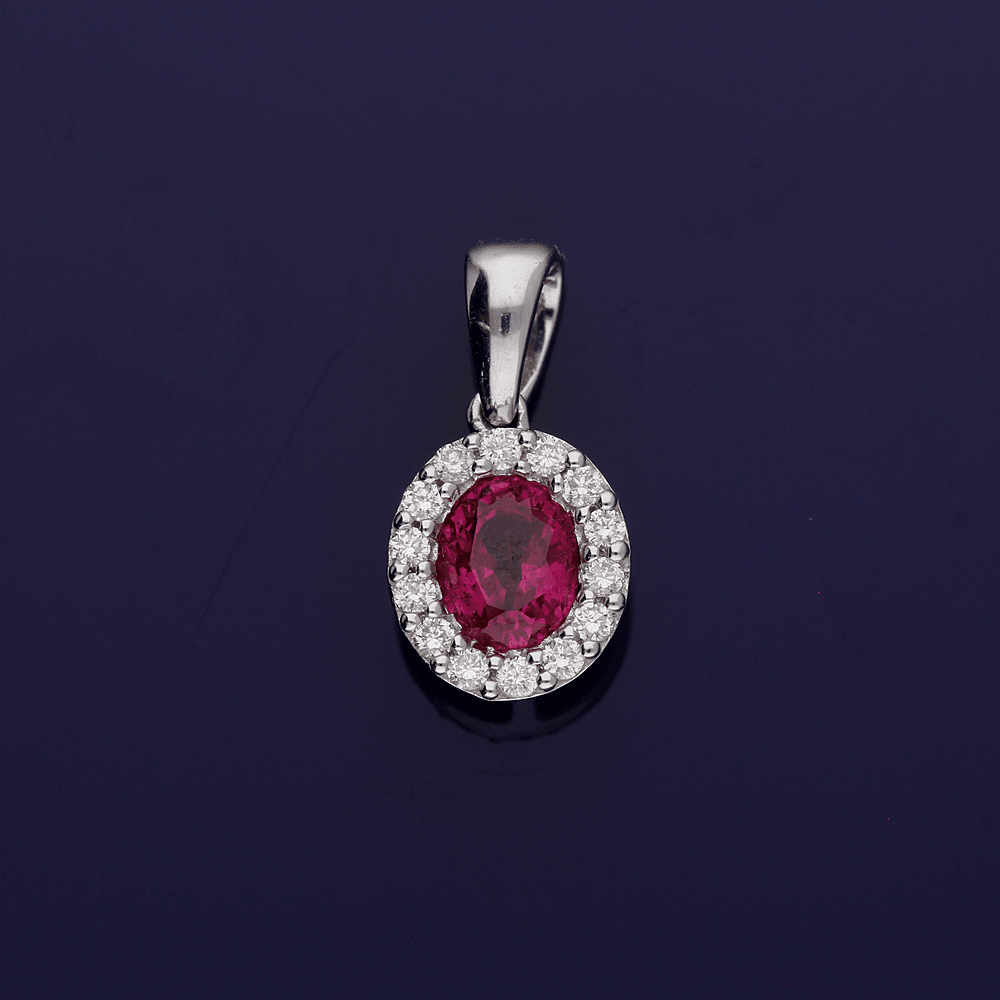 18ct White Gold Ruby and Diamond Oval Cluster Halo Pendant - GoldArts