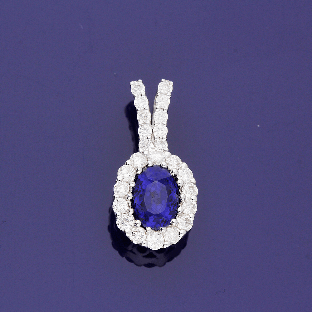 18ct White Gold Sapphire and Diamond Oval Cluster Pendant - GoldArts