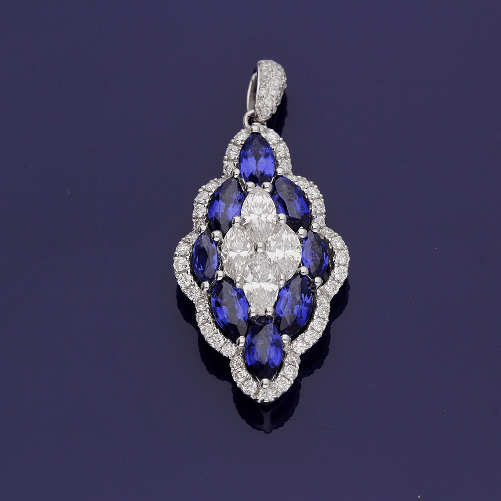 18ct White Gold Sapphire and Diamond Marquise Cluster Pendant - GoldArts