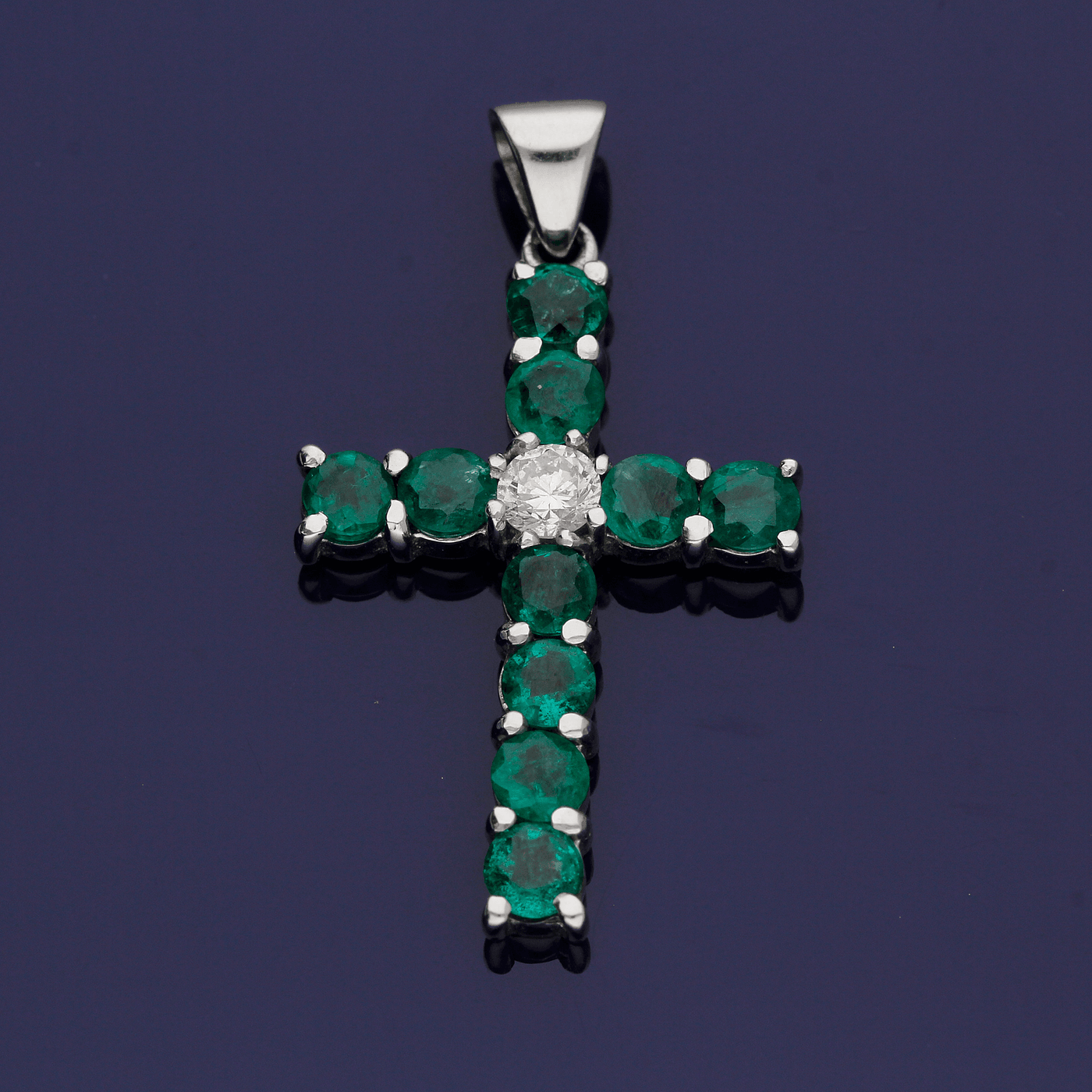 18ct White Gold Emerald and Diamond Cross Pendant - GoldArts