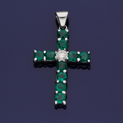 18ct White Gold Emerald and Diamond Cross Pendant - GoldArts
