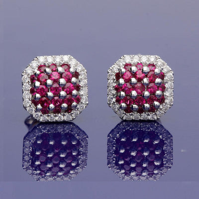 18ct White Gold Ruby and Diamond Cluster Stud Earrings - GoldArts