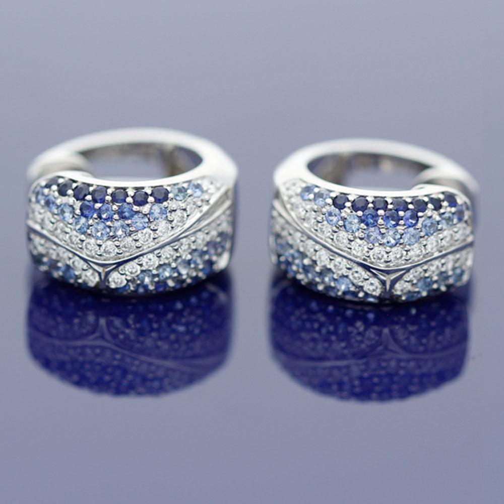18ct White Gold Diamond and Sapphire Huggie Hoop Earrings - GoldArts