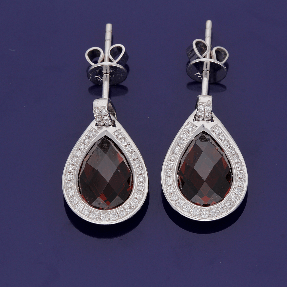 18ct White Gold Garnet and Diamond Drop Earrings - GoldArts