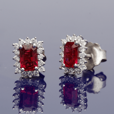 18ct White Gold Emerald Cut Ruby & Diamond Cluster Earring - GoldArts