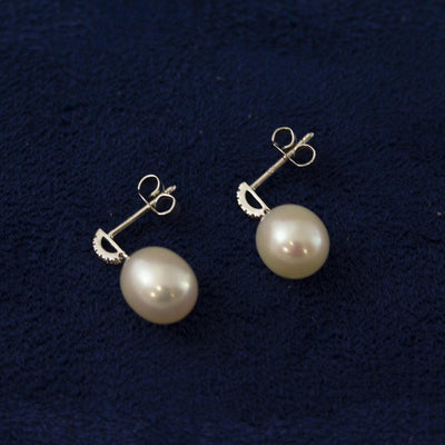 18ct White Gold 10mm Fresh Water Pearl & Diamond Drop Earrings - GoldArts