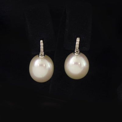18ct White Gold 10mm Fresh Water Pearl & Diamond Drop Earrings - GoldArts