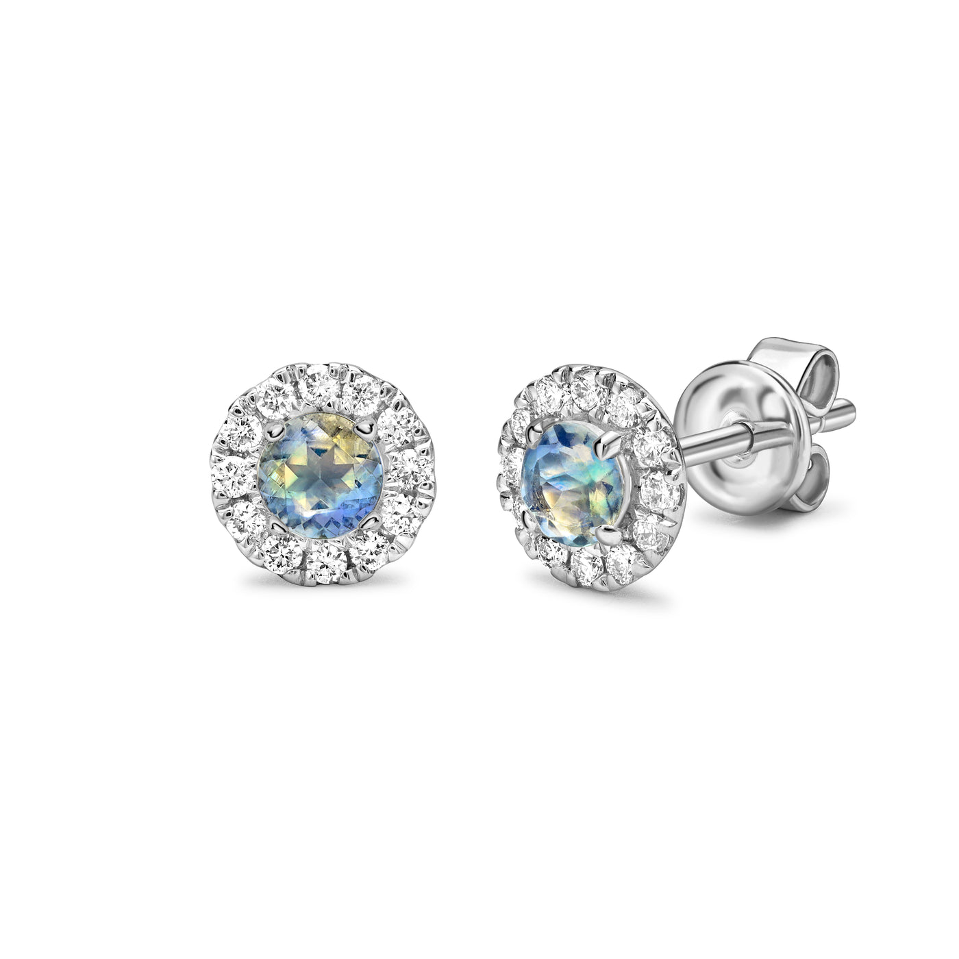 9ct White Gold Moonstone and Diamond Cluster Birthstone Stud Earrings