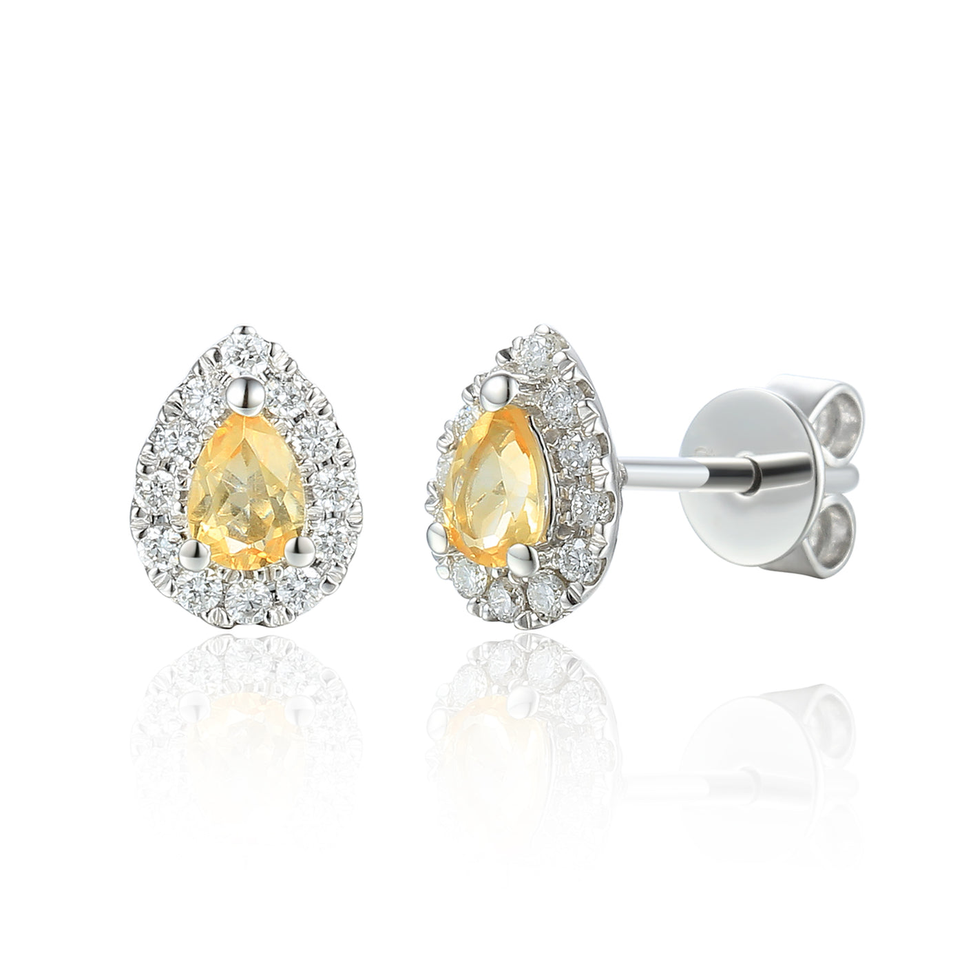 9ct White Gold Pear Shape Citrine and Diamond Cluster Birthstone Stud Earrings