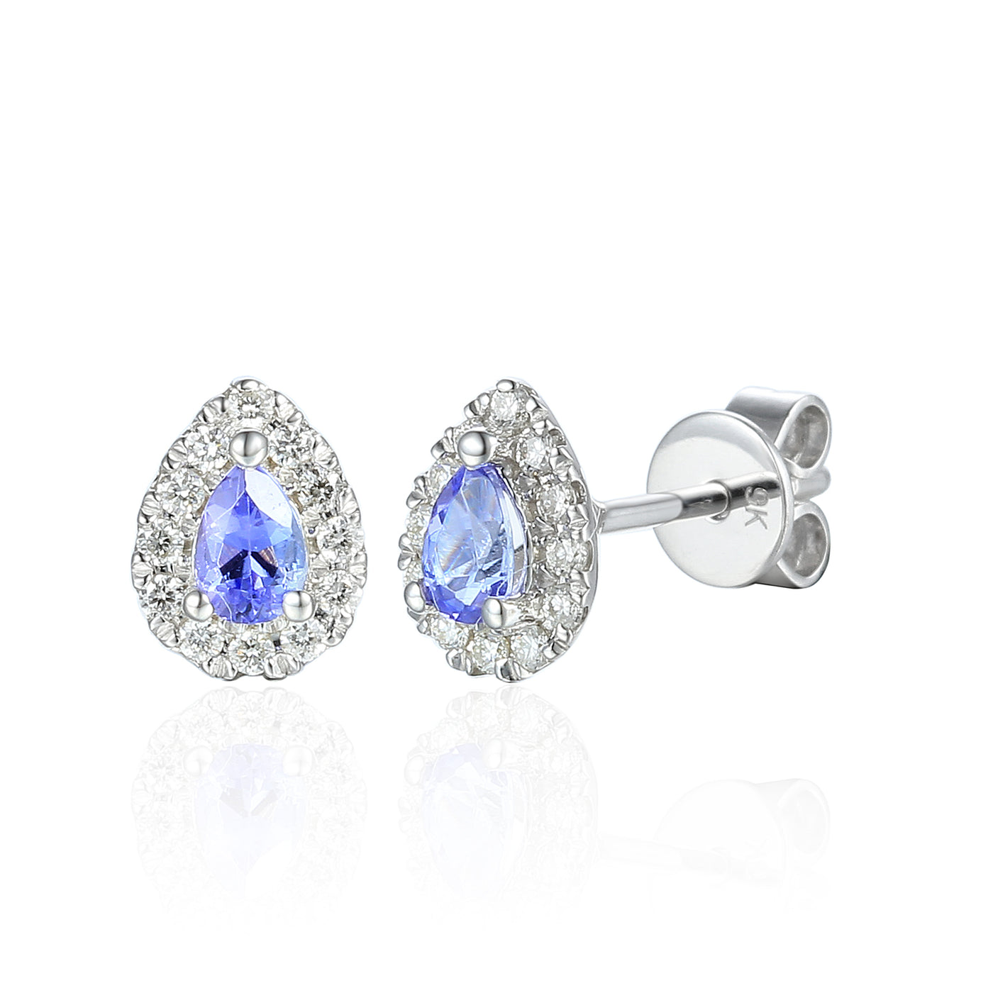 9ct White Gold Pear Shape Tanzanite and Diamond Cluster Birthstone Stud Earrings