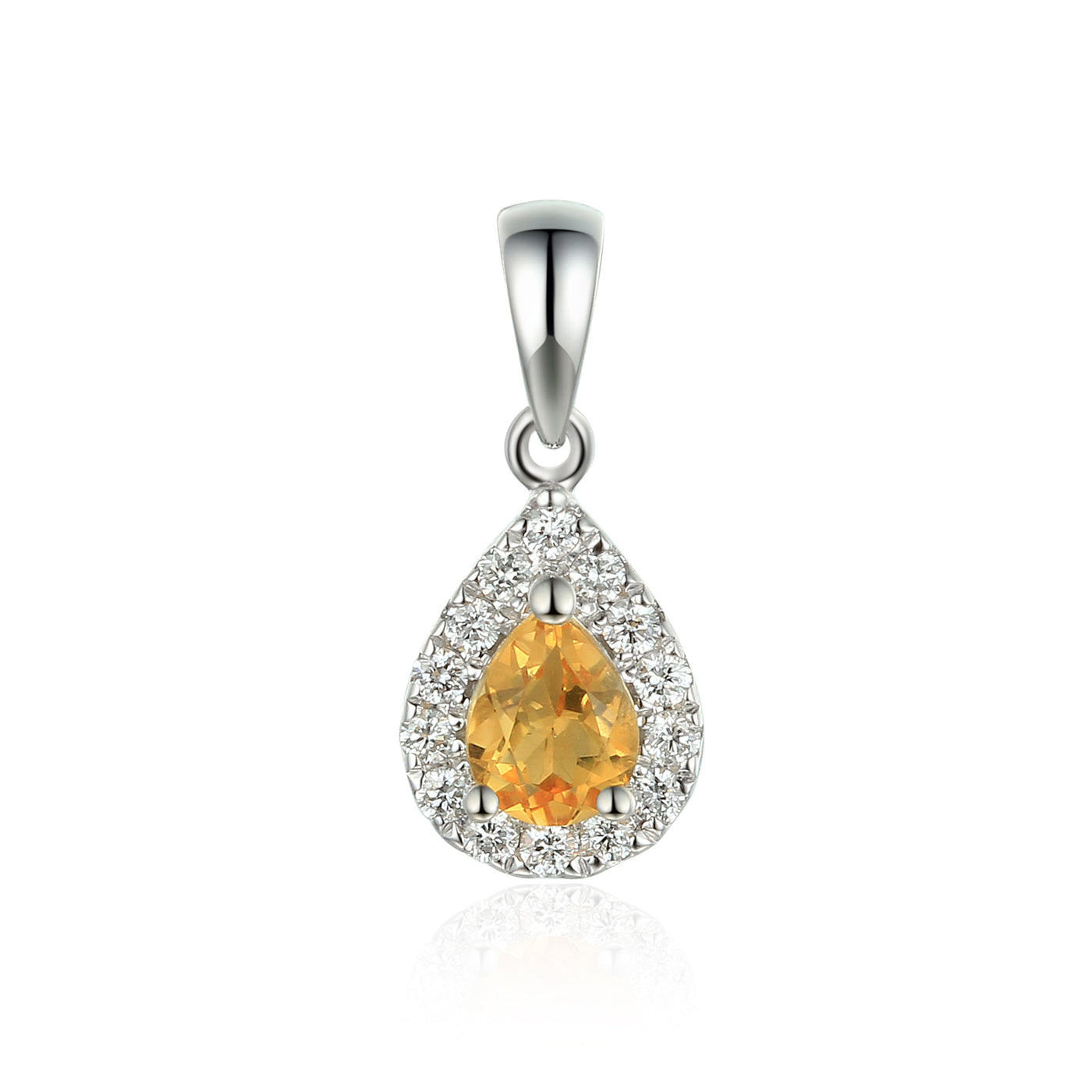 9ct White Gold Pear Shape Citrine and Diamond Cluster Birthstone Pendant with Chain