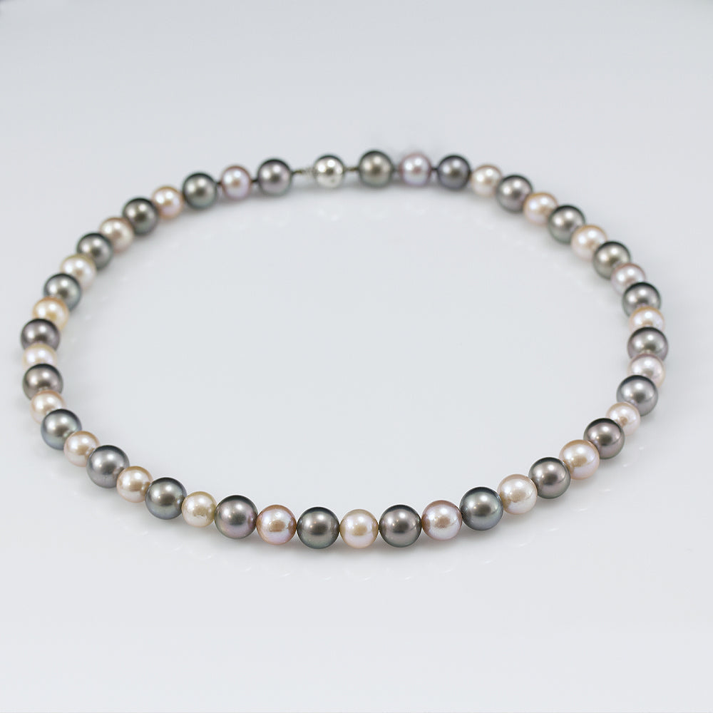 8-10mm Grey Tahitian Pearls and Pink Freshwater Pearl Necklace 18”