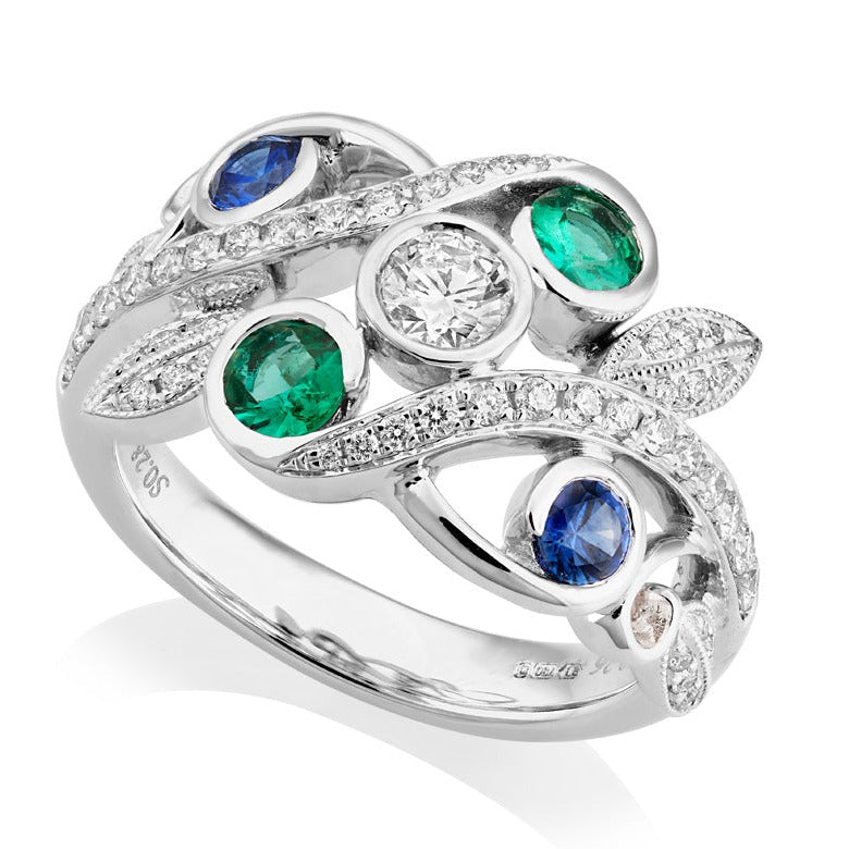 18ct White Gold Diamond, Sapphire & Emerald Floral Scroll Ring