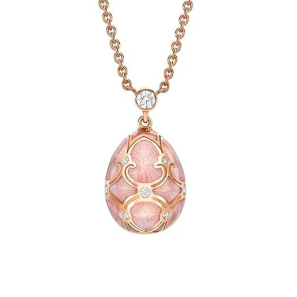 Fabergé Heritage Rose Gold Pink Guilloché Enamel Petite Egg Pendant