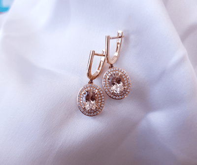 18ct Rose Gold Morganite and Diamond Cluster Drop Earrings - GoldArts