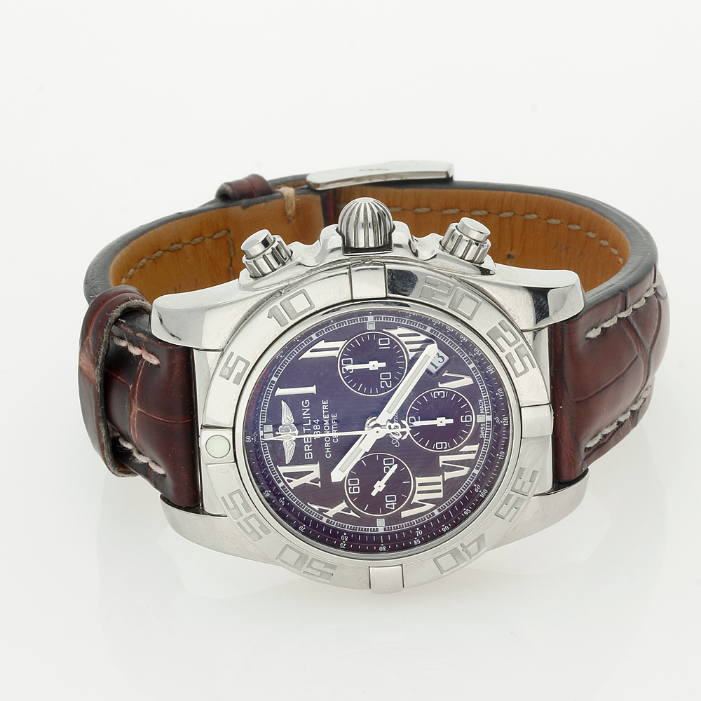 Pre-owned Breitling Chronomat 44 Stainless Steel Automatic Leather Strap Watch, AB0110