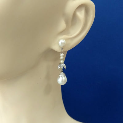 Vintage Cultured Pearl & Diamond 18ct White Gold Drop Earrings