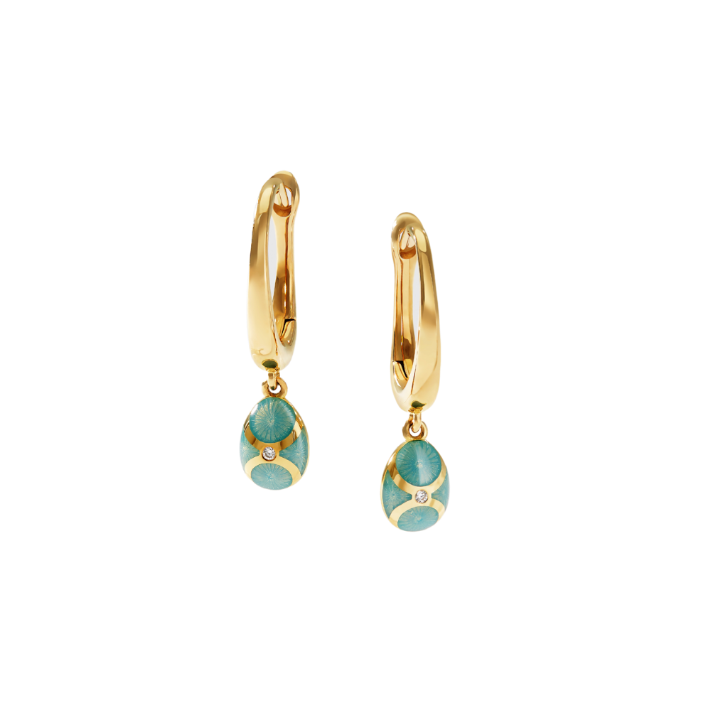 Fabergé Heritage Yellow Gold Diamond & Turquoise Guilloché Enamel Hoop Drop Earrings