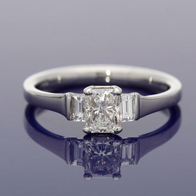 18ct White Gold Radiant and Baguette Cut Certificated Diamond Trilogy Ring - GoldArts