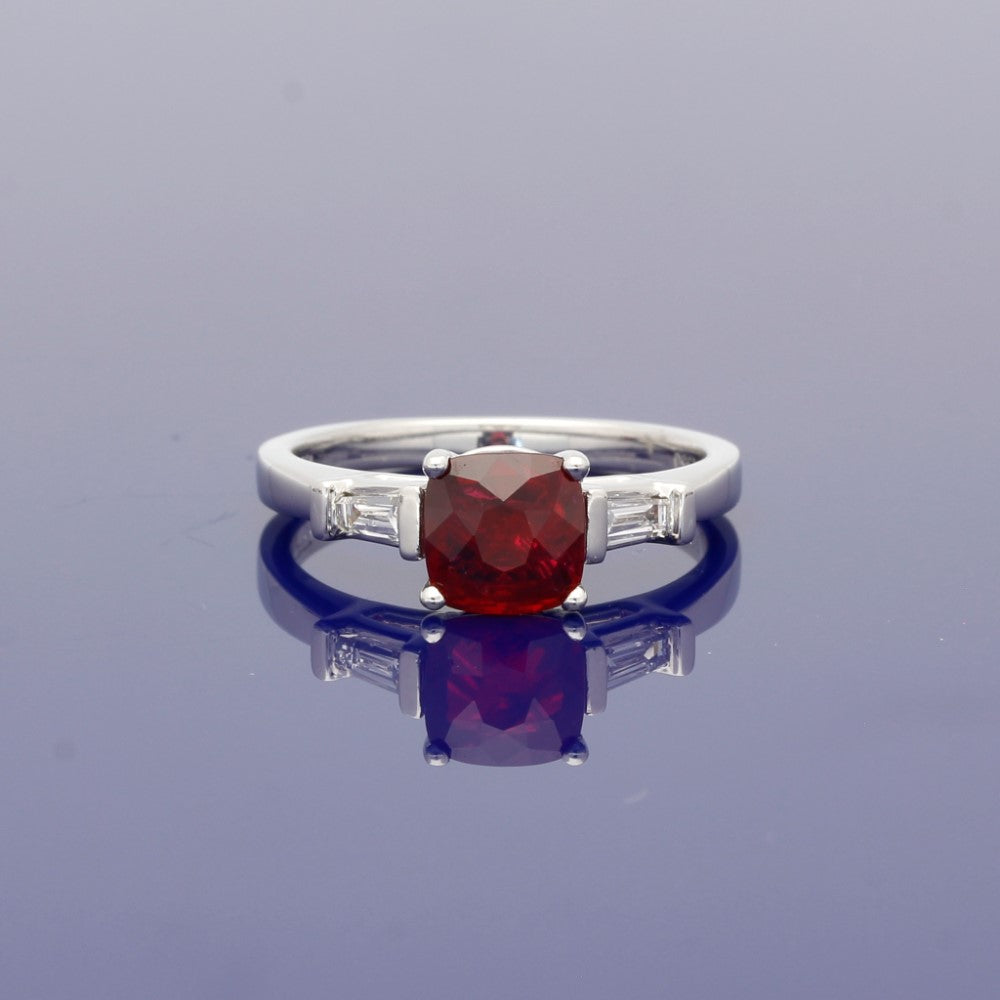 Platinum Ruby & Tapered Baguette Diamond Trilogy Ring